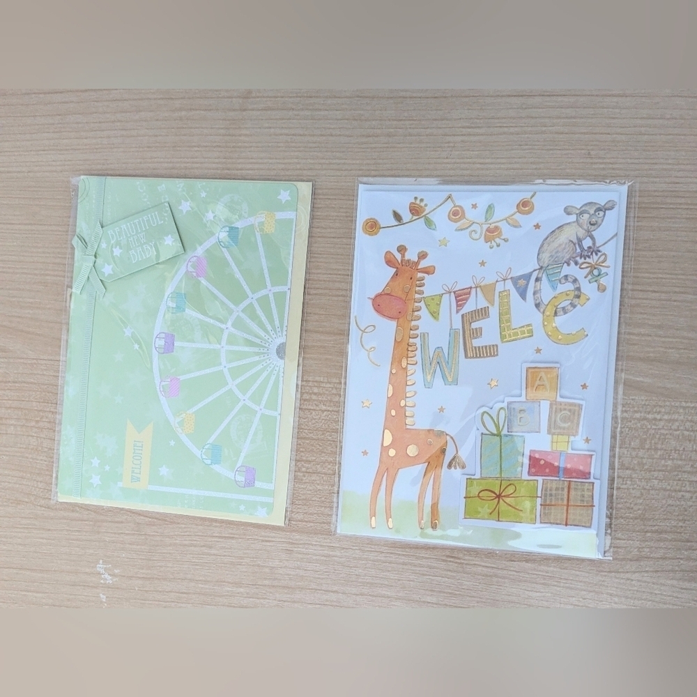 Set of 2 "Welcome Baby" Cards & Envelopes, Glitter & Pop-Ups